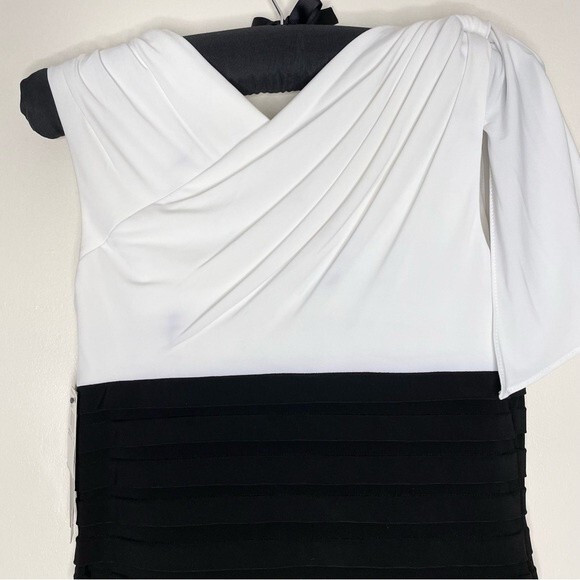 Adrianna Papell Sheath Dress Cowl Neck Drapey Shoulder New Black White Size 6 - Picture 3 of 11